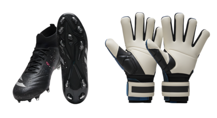 SPORT - Black football cleats and white goalkeeper gloves isolated on white background, perfect for soccer and sports imagery