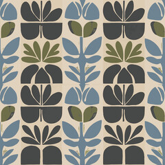 Retro floral pattern with mid-century modern design in muted earthy tones, seamless pattern, Stock royalty free image.