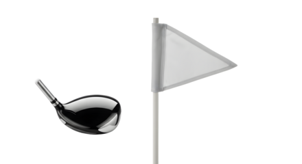 SPORT - Black golf driver club and white golf flag isolated on white background, perfect for sports and golf-related designs