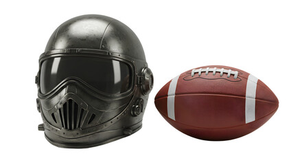 SPORT - Black futuristic helmet next to an American football on white background, perfect for sports and futuristic themes