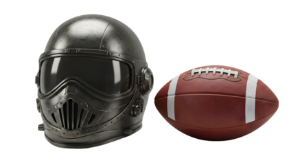 SPORT - Black futuristic helmet next to an American football on white background, perfect for sports and futuristic themes