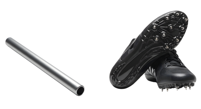 SPORT - Black metal running spikes and shiny aluminum relay baton for track and field sports and athletics competitions - Powered by Adobe