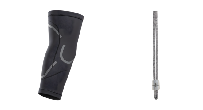 SPORT - Black neoprene elbow support sleeve with adjustable strap and metal knitting needle isolated on white background, perfect for sports injury treatment