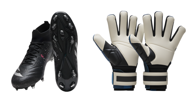 SPORT - Black football cleats and white goalkeeper gloves isolated on white background, perfect for soccer and sports imagery