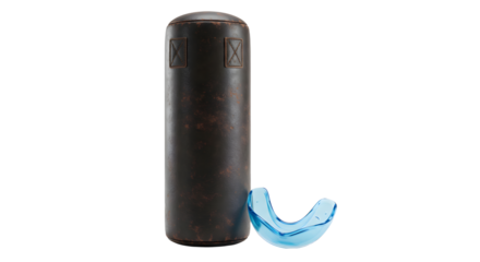 SPORT - Black punching bag with blue wrist guard isolated on white background, perfect for boxing training