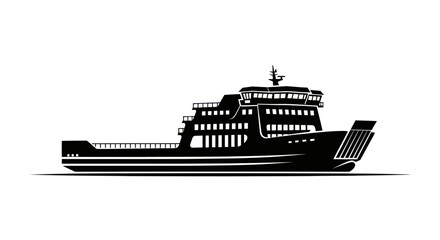 A black and white silhouette illustration of a large passenger and car ferry ship.