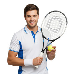 Smiling man tennis player holding racket and ball ready for game action
