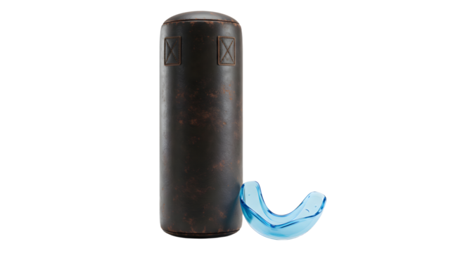 SPORT - Black punching bag with blue wrist guard isolated on white background, perfect for boxing training