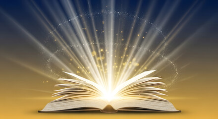 Glowing rays of light and sparkles burst forth from an open book, representing the power of learning and imagination
