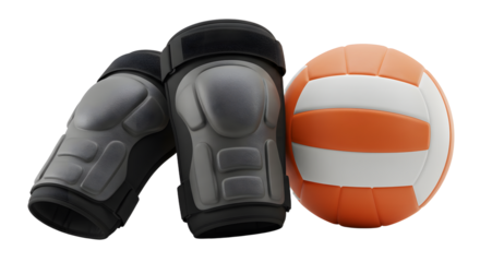 SPORT - Black padded volleyball knee pads with orange and white volleyball on white background, perfect for sports and athletic activities