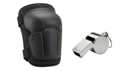 SPORT - Black protective knee pad and silver metal whistle isolated on white background, sports safety and referee equipment, perfect for fitness and outdoor activities