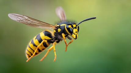 Vibrant Close-Up of a Yellow and Black Wasp in Flight Against a Soft Green Background, Showcasing Its Intricate Details and Natural Beauty