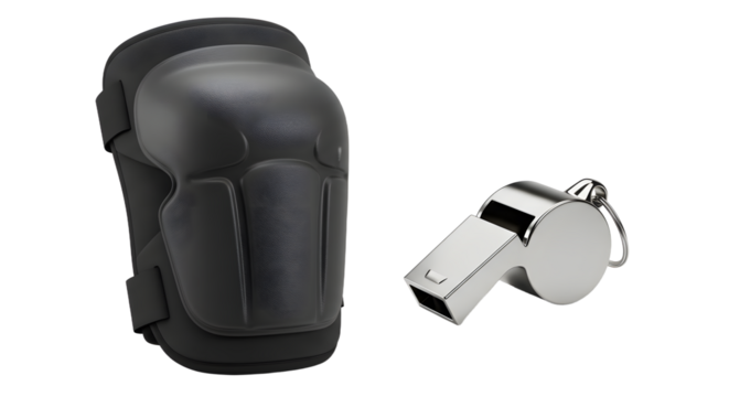 SPORT - Black protective knee pad and silver metal whistle isolated on white background, sports safety and referee equipment, perfect for fitness and outdoor activities