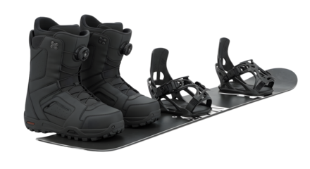 SPORT - Black snowboard with bindings and boots isolated on white background, winter sports equipment perfect for snowboarding enthusiasts