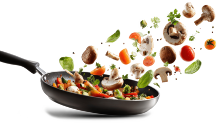 Different vegetables and mushrooms falling into a frying pan isolated on a white background