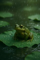 Obraz premium Hyper-Realistic Frog on Lotus Leaf in Rainy Pond – Natural Wildlife Scene with Ripples, Droplets, and Shallow Depth of Field