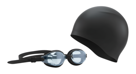 SPORT - Black swim cap and swimming goggles isolated on white background, essential swimming gear for training and competitions