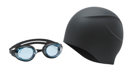 SPORT - Black swimming cap and goggles isolated on white, sport accessories for swimming and water activities