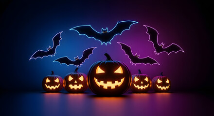 Eerie Halloween Night Glowing Pumpkins and Bats in Neon Lights