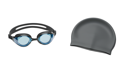 SPORT - Black swimming goggles and swim cap isolated on white background, perfect for swimming training and competitions