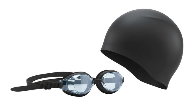 SPORT - Black swim cap and swimming goggles isolated on white background, essential swimming gear for training and competitions