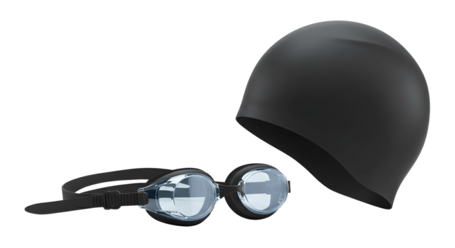 SPORT - Black swim cap and swimming goggles isolated on white background, essential swimming gear for training and competitions