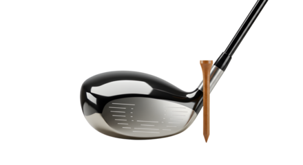 SPORT - Close-up of a modern golf club driver head with wooden tee isolated on white background, perfect for sports and golf-related content