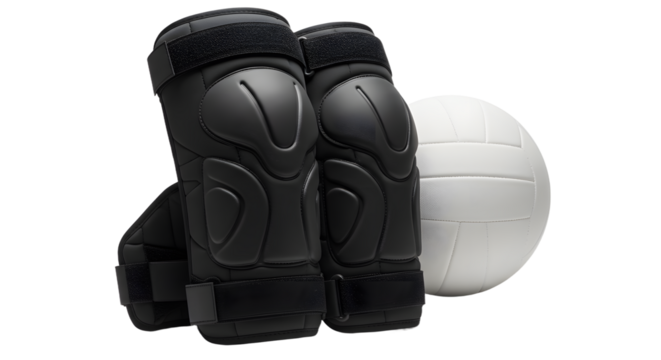 SPORT - Black volleyball knee pads with white volleyball isolated on white background, perfect for sports and volleyball training