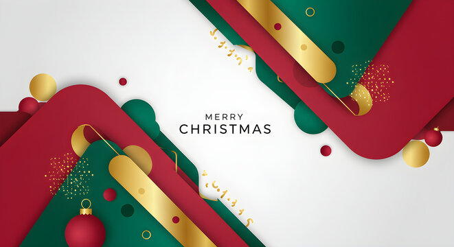 Elegant Merry Christmas abstract background with festive red, green, and gold geometric shapes and ornaments - Powered by Adobe