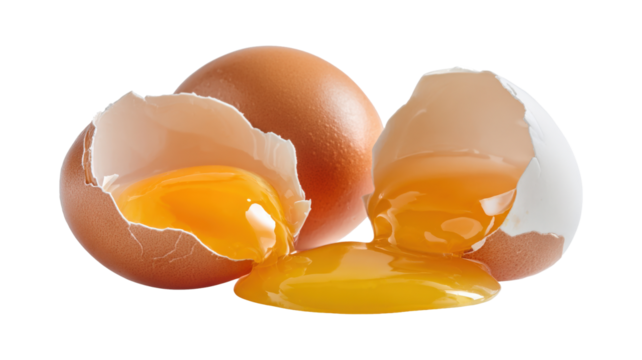 Egg yolks with clipping path, no shadow in white background, real brown half broken chicken eggs isolated on a white background