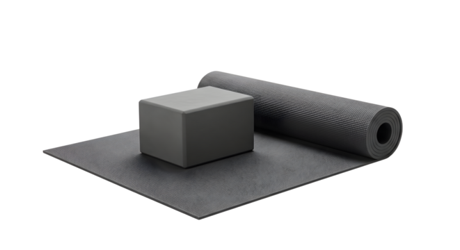 SPORT - Black yoga mat and block set isolated on white background with shadow, fitness and exercise equipment perfect for workouts and stretching