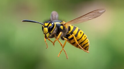Close-Up of a Vibrant Yellow and Black Wasp in Mid-Flight Against a Soft Green Background with Details Showcase of Its Distinct Head and Body Features