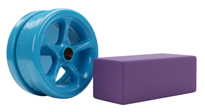 SPORT - Blue car wheel rim with a purple yoga block on white background, modern automotive and fitness equipment concept