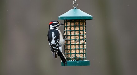 Downy Woodpecker on Suet Feeder.