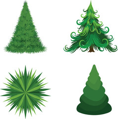 Set of decorative pine and abstract green trees, stylized cartoon foliage, artistic conifer elements, for nature, landscape, and design