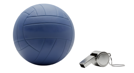SPORT - Blue volleyball with metal referee whistle on white background, ideal for sports, training, and coaching concepts