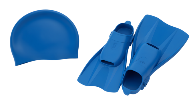 SPORT - Blue swimming fins and swim cap set for water sports and training, ideal for swimmers and diving practice