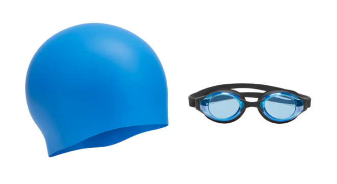SPORT - Blue swimming cap and black blue swimming goggles isolated on white background, perfect for swimming training and water sports