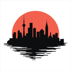 Obraz premium city skyline vector illustration, city, skyline, silhouette, cityscape, building, sunset, vector, architecture, urban, sky, tower, illustration, skyscraper, buildings, downtown, travel, sun, town, bus