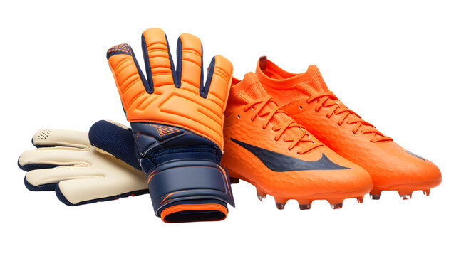 SPORT - Bright orange soccer cleats with goalkeeper gloves isolated on white background, perfect for football training and matches