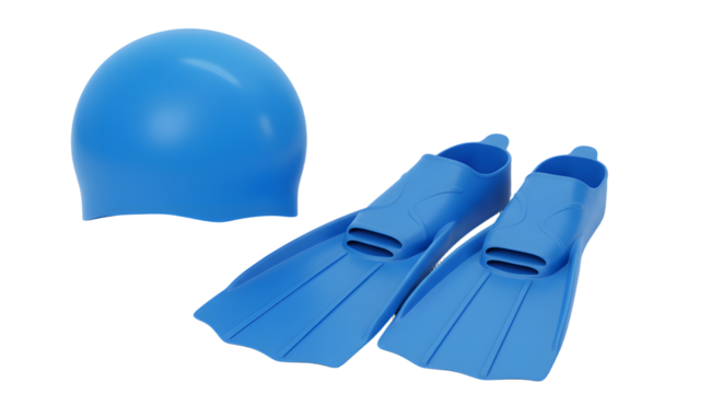 SPORT - Blue swim fins and swim cap set for water sports and swimming activities, ideal for training and underwater exploration