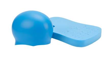 SPORT - Blue swimming cap and swim training fin on white background, perfect for swimming practice and water sports training