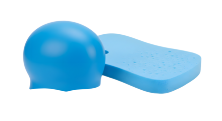 SPORT - Blue swimming cap and swim training fin on white background, perfect for swimming practice and water sports training