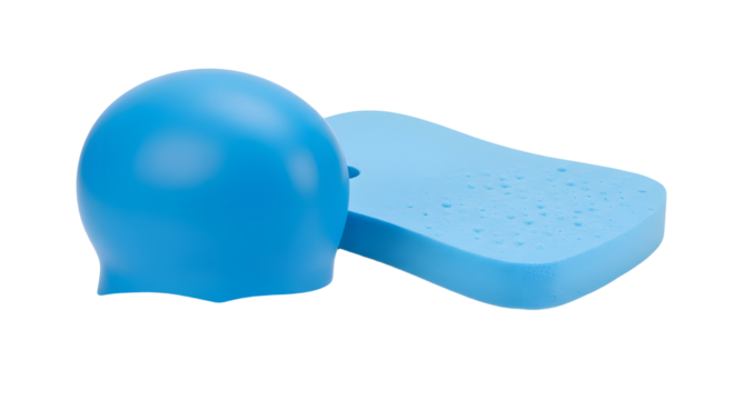 SPORT - Blue swimming cap and swim training fin on white background, perfect for swimming practice and water sports training