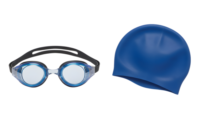 SPORT - Blue swimming goggles and cap isolated on white background for swim training or competition accessories