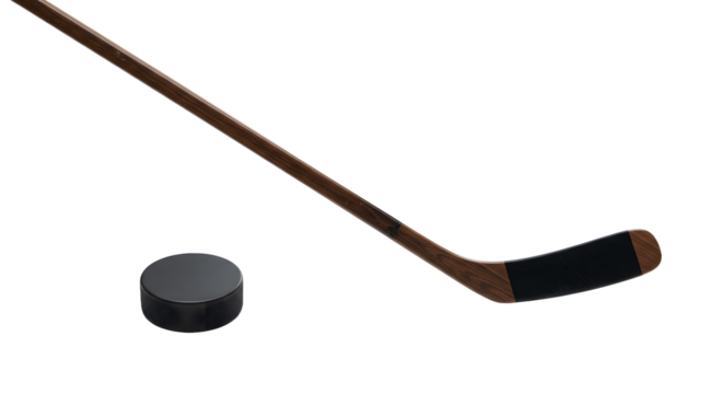 SPORT - Classic wooden ice hockey stick with black tape wrapped blade and black hockey puck isolated on white background, perfect for sports design