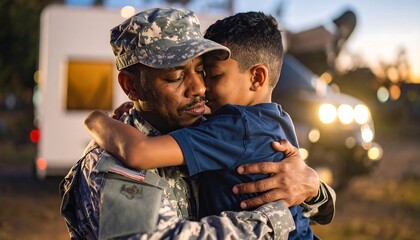 Soldier Hugging Child in Embrace Near Vehicle at Sunset