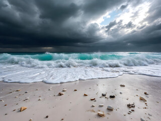 Dark storm clouds over turquoise waves crashing on sandy beach.