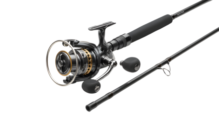 SPORT - Close-up of a black fishing rod with spinning reel isolated on white background, perfect for fishing and outdoor enthusiasts