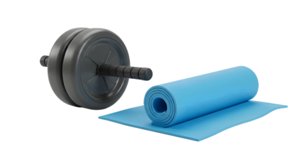 SPORT - Blue yoga mat with black ab roller on white background for fitness and core workouts, perfect for home exercise and gym training